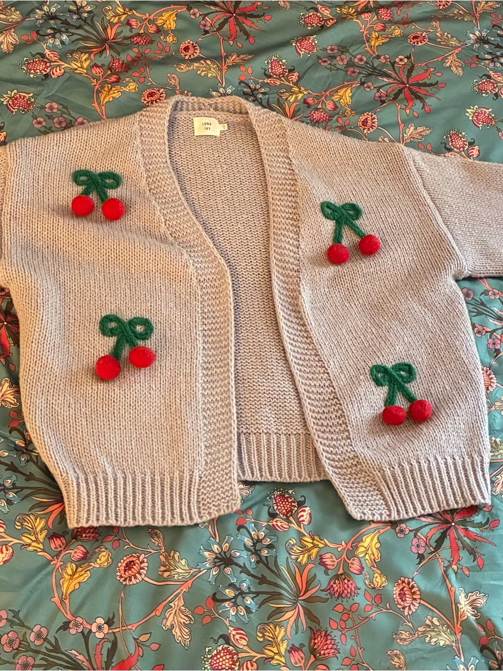 Light Blue Cherry Appliqué Knit Cardigan Sweater